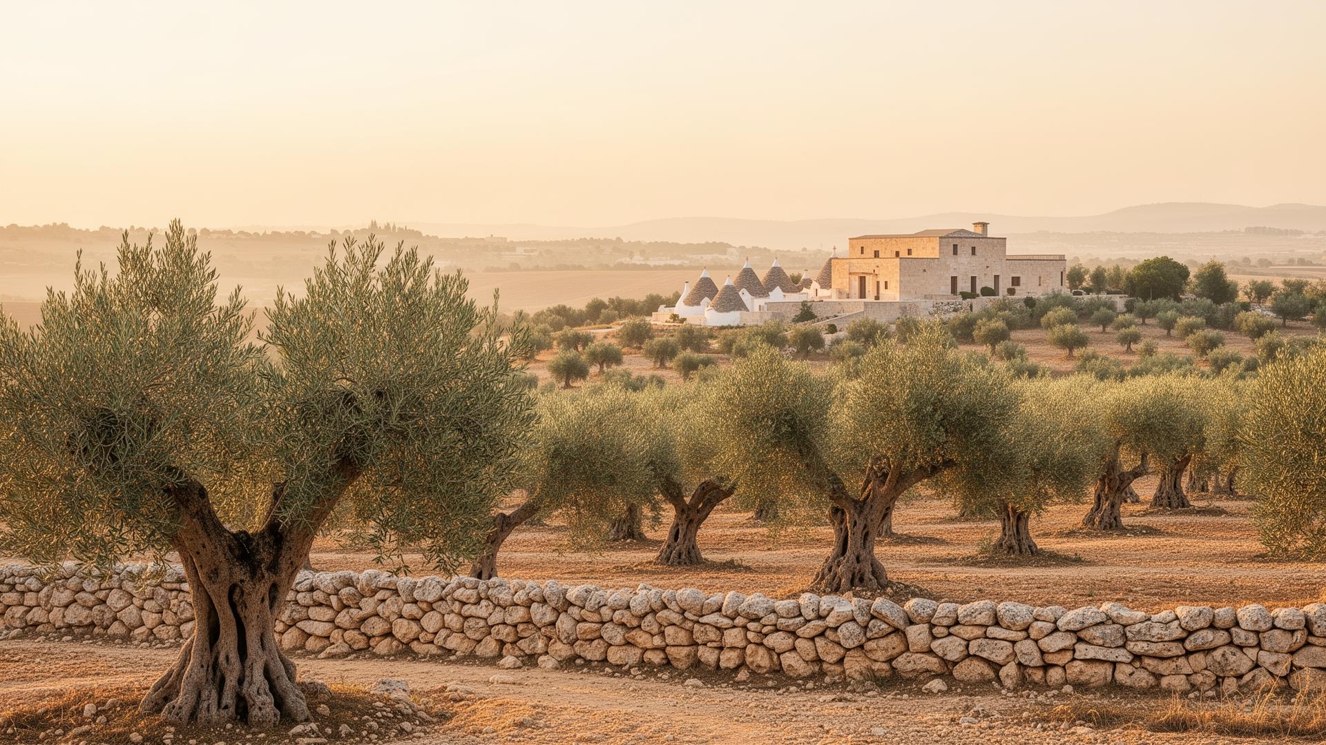 Olive grove and historic Puglian masseria at sunset